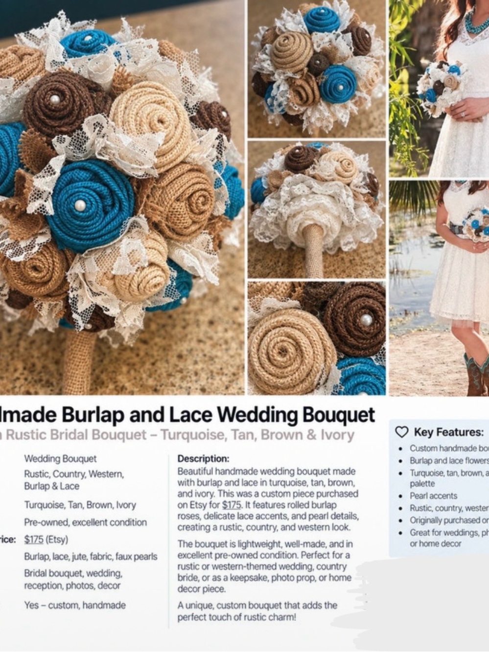 Handmade Burlap and Lace Wedding Bouquet - Turquoise, Tan & Brown